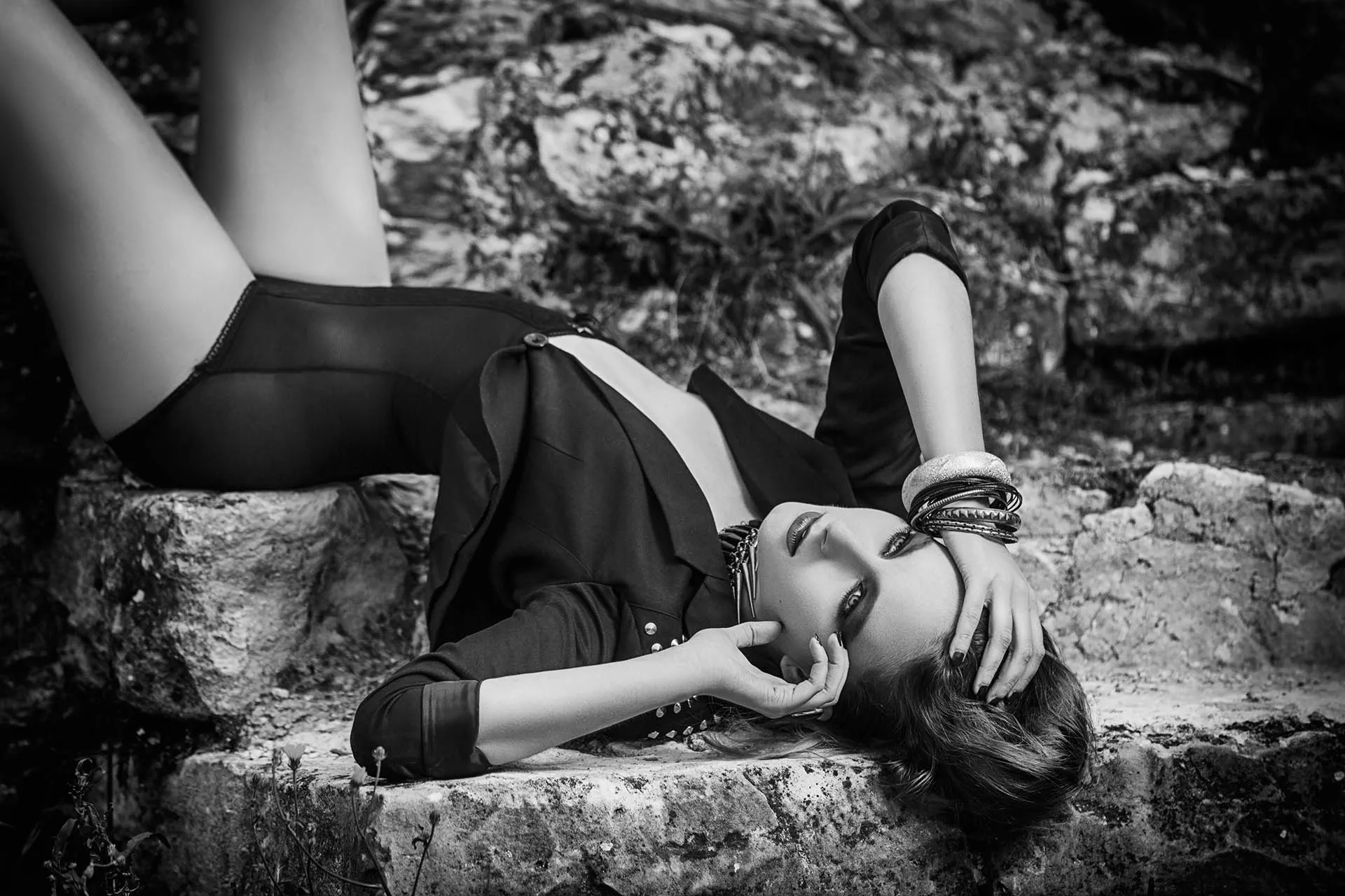 Black white editorial resting pose