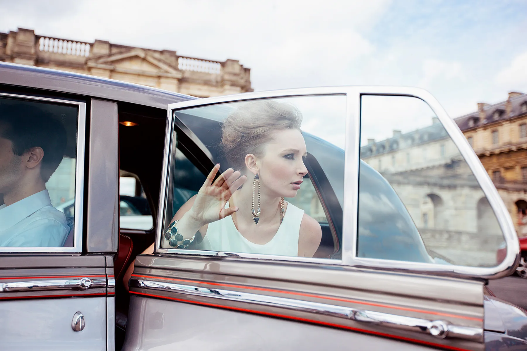 Vintage car fashion portrait bride - editorial