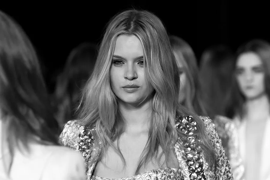Runway model sequin dress closeup bw - fashion week 1