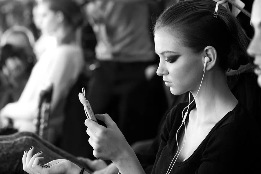 Backstage model phone candid bw - fashion week 1