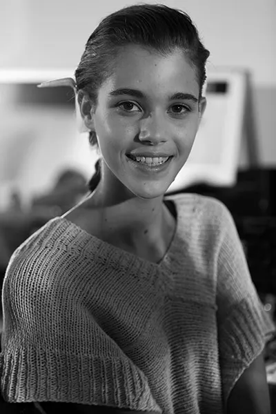 Model candid smile portrait bw - fashion week 1