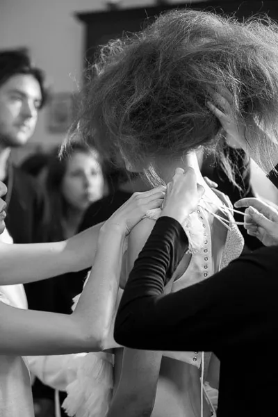 Backstage hair styling preparation bw - fashion week 1