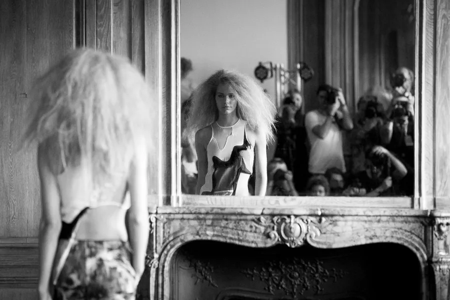 Mirror reflection backstage scene bw - fashion week 1