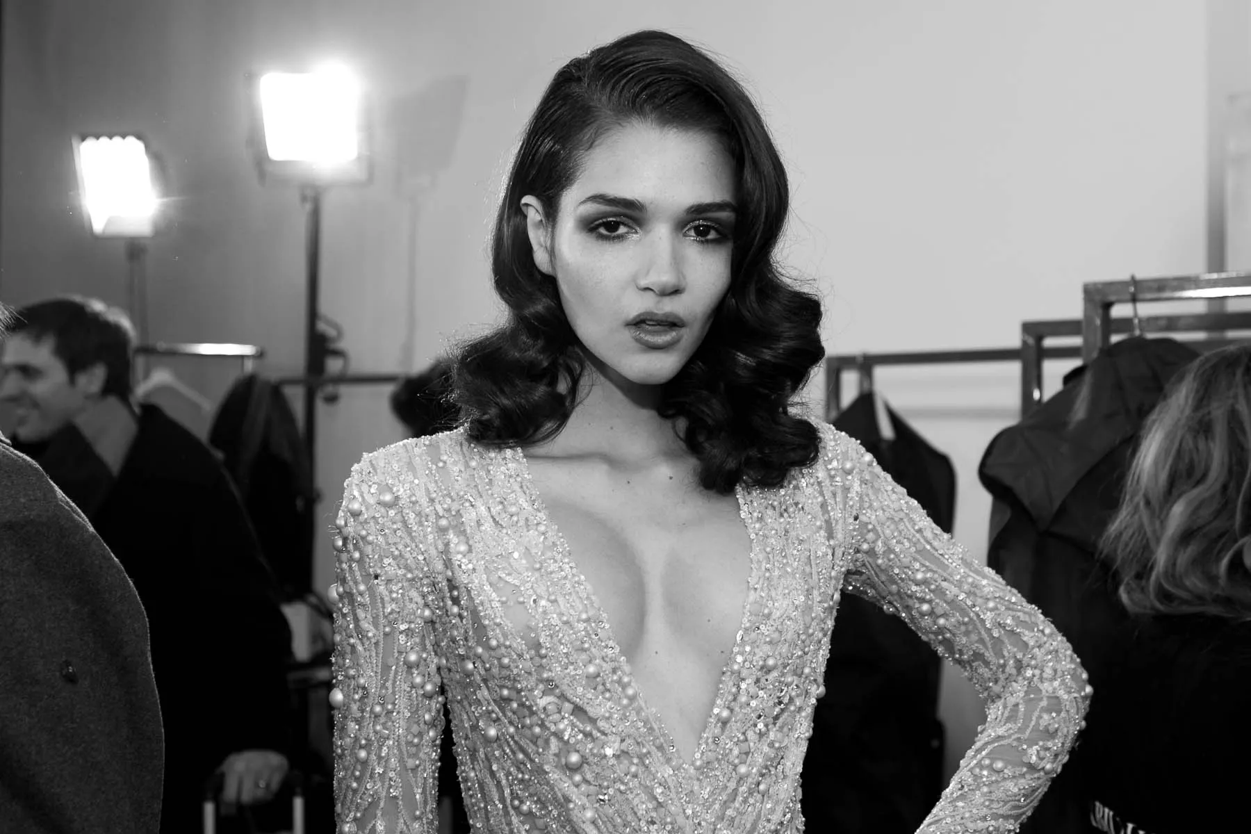 Model sequin dress backstage bw - fashion week 2